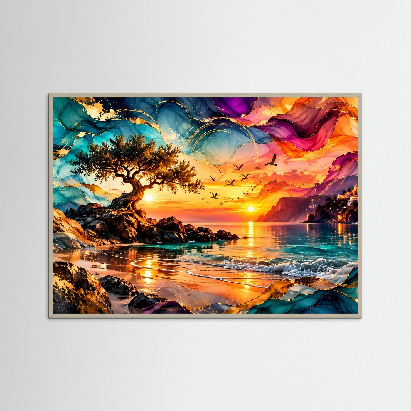 Mediterrane Küste Poster | Abstrakter Sonnenuntergang am Meer | Traumstrand Wandbild | Farbenfrohe Küstenlandschaft Leinwand | Luxuriöse Wall Art