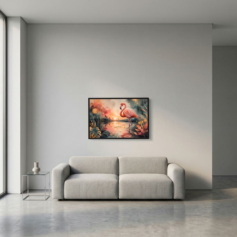 Wandposter mit Flamingo in tropischer Sonnenuntergangslandschaft, dunkler Rahmen