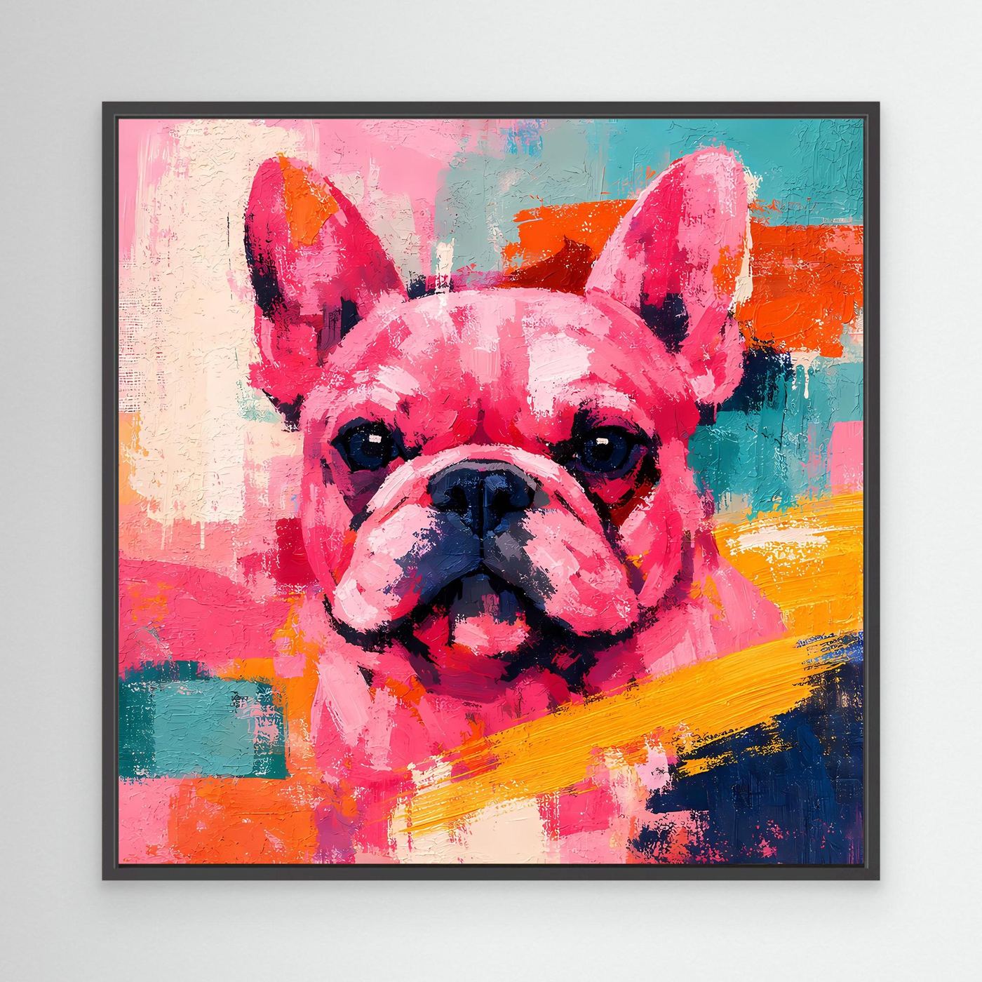 Farbenfrohes Leinwand-Wandbild mit Porträt einer Französischen Bulldogge im schwarzen Rahmen