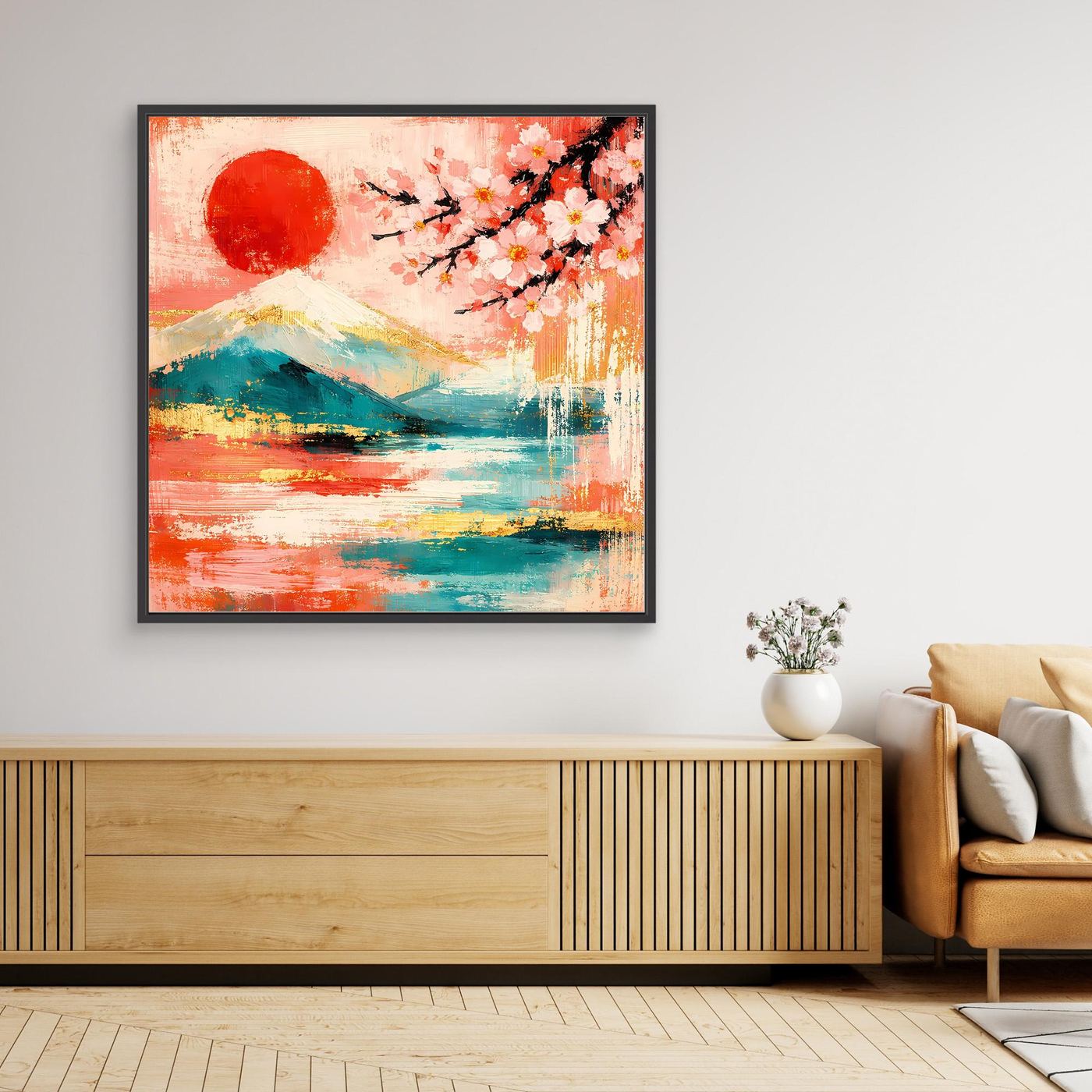 Gerahmtes Leinwandbild mit abstraktem Fuji und Kirschblüten, rote Sonne, schwarze Rahmenkante