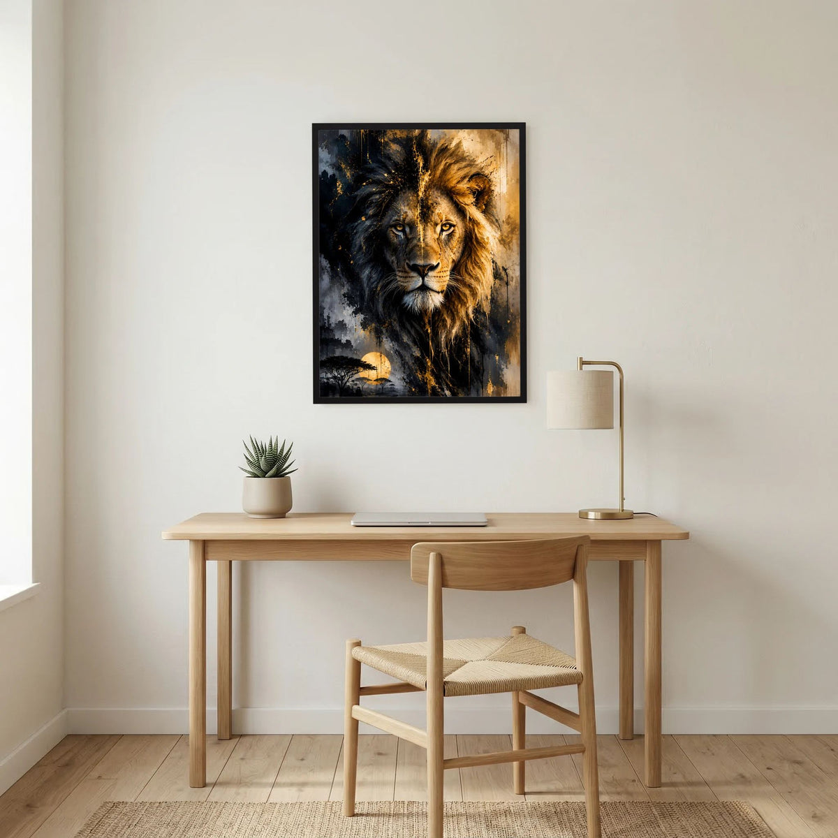 Gerahmtes Löwenposter an der Wand, abstrakter schwarz-goldener Blick des Löwen