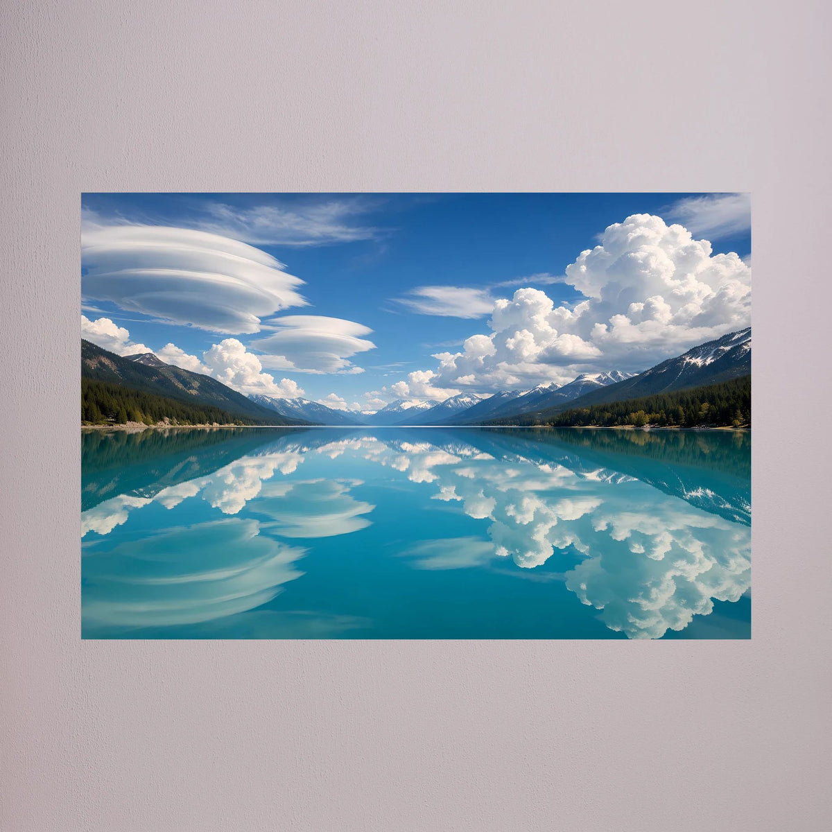 Wandbild im Querformat ohne Rahmen: Alpensee mit Bergen und Wolken am Himmel