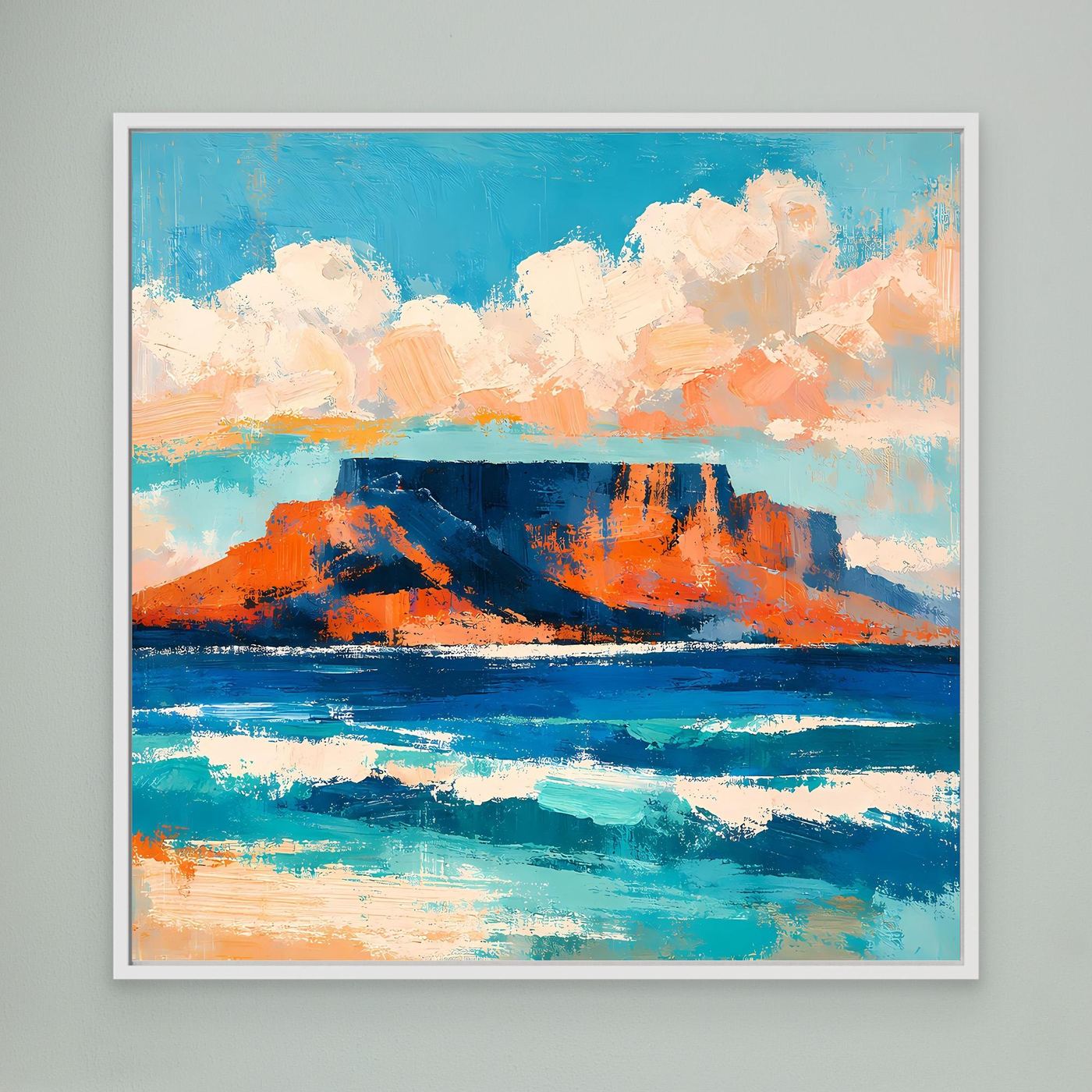 Abstraktes Leinwand-Wandbild mit Meer, Küste und Bergen, weiß gerahmt
