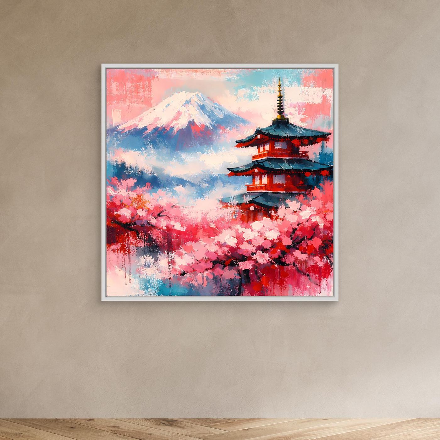Leinwand-Wandbild mit Kirschblüten, Berg Fuji und Pagode mit weißem Rahmen
