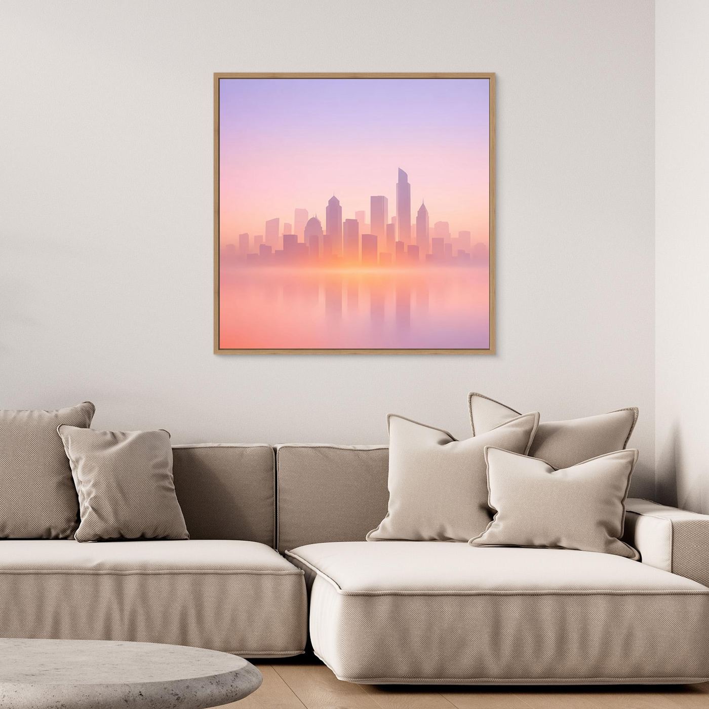 Quadratisches Leinwand-Wandbild mit Skyline im Dunst in Pastell, goldener Rahmen