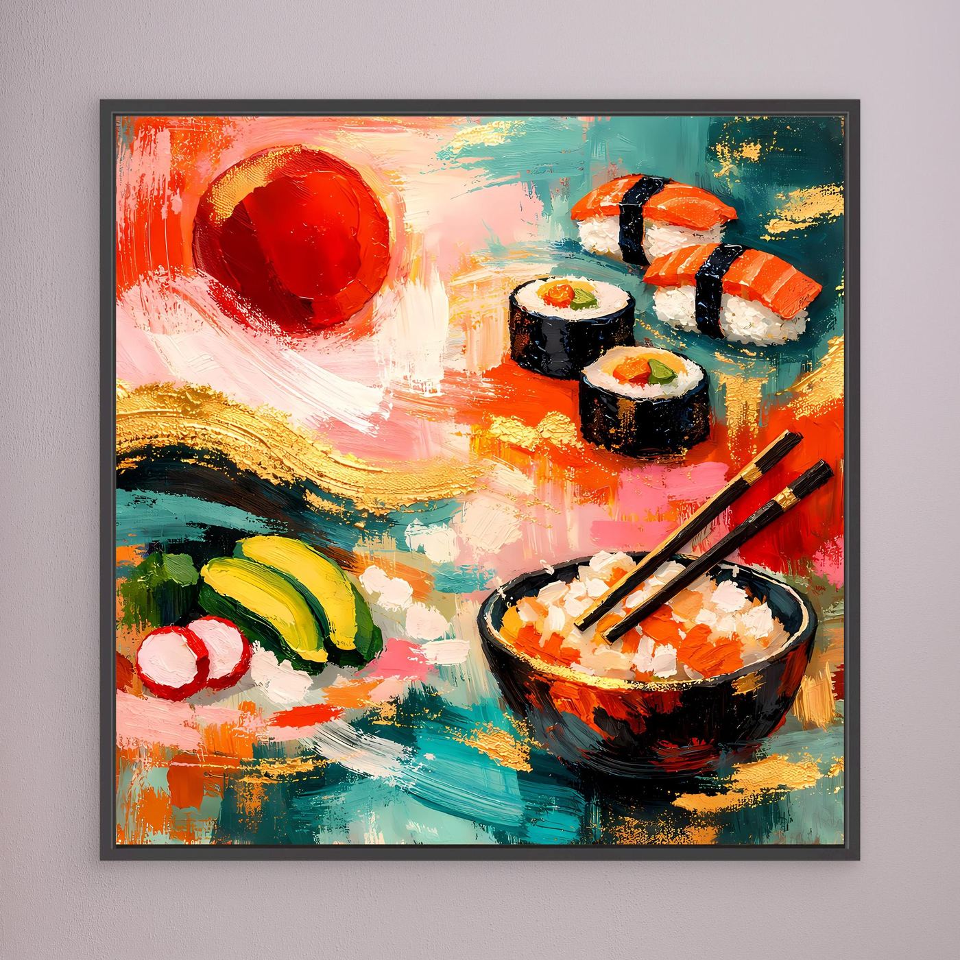 Leinwandbild mit Sushi-Motiv im schwarzen Rahmen: Sushirollen, orange Lachs, Stäbchen