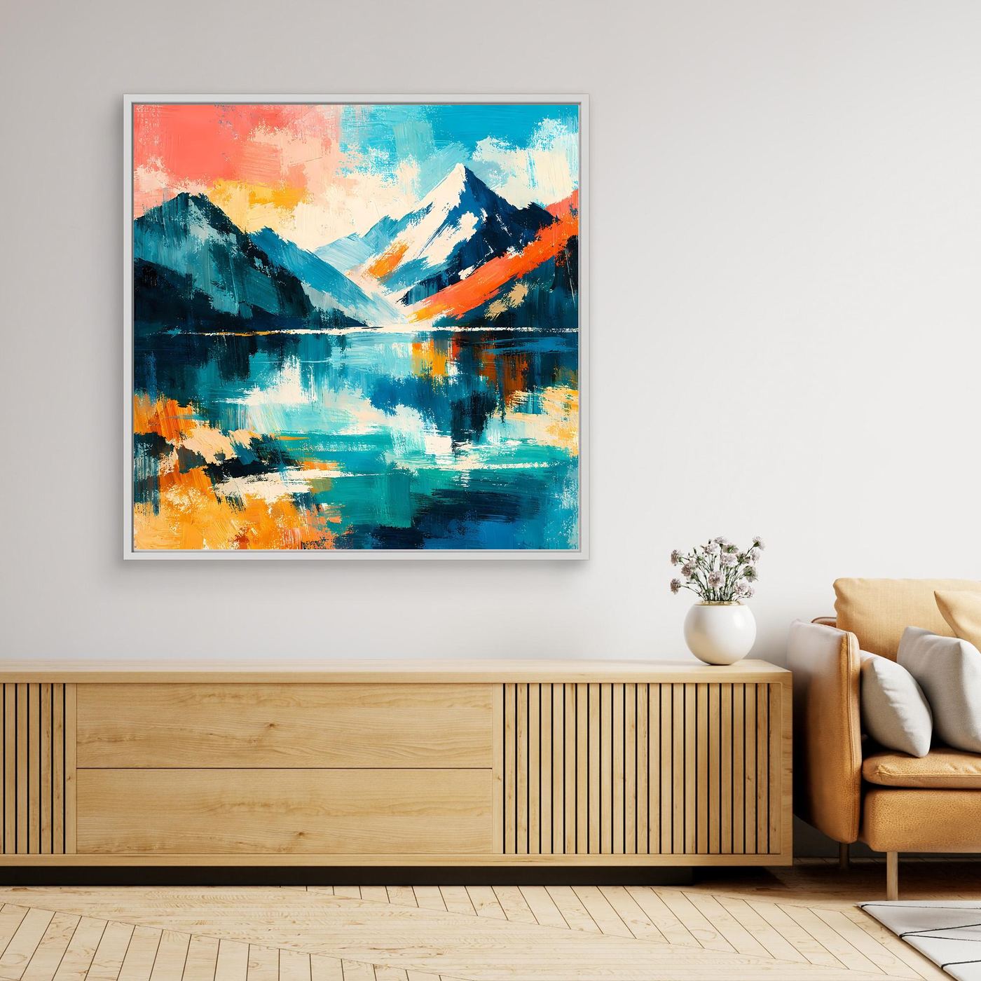 Modernes Leinwand-Wandbild mit abstrakter Berg- und Seeszene, weißer Rahmen
