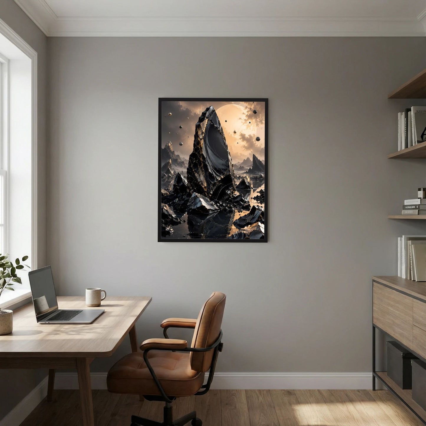 Poster mit schwarzem Rahmen und schwarzer Berglandschaft; goldene Partikel im Himmel