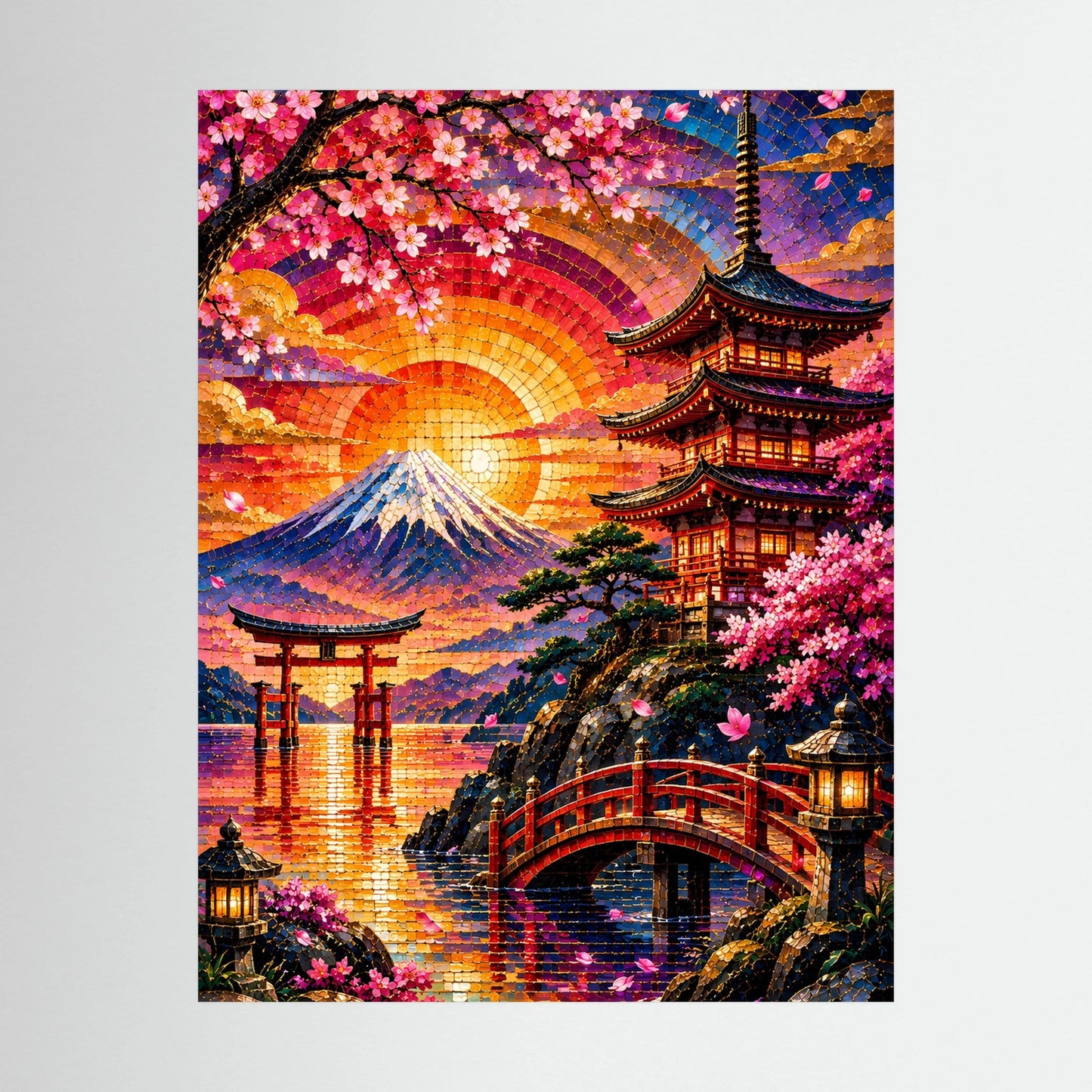 Poster im Hochformat mit buntem Mosaikbild von Fuji, Sakura und Pagode