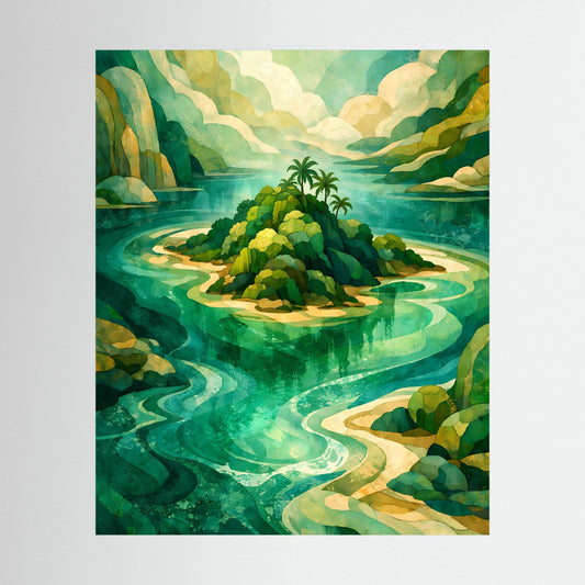 Hochformat-Poster mit abstrakter tropischer Insel in Türkis und Grün, ohne Rahmen