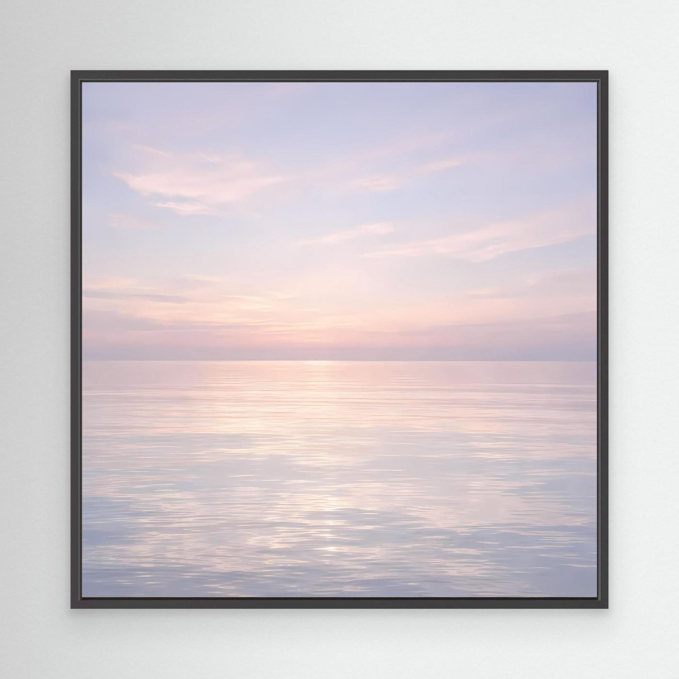 Leinwandbild Meer bei Sonnenuntergang, schwarzer Rahmen, Pastellfarben