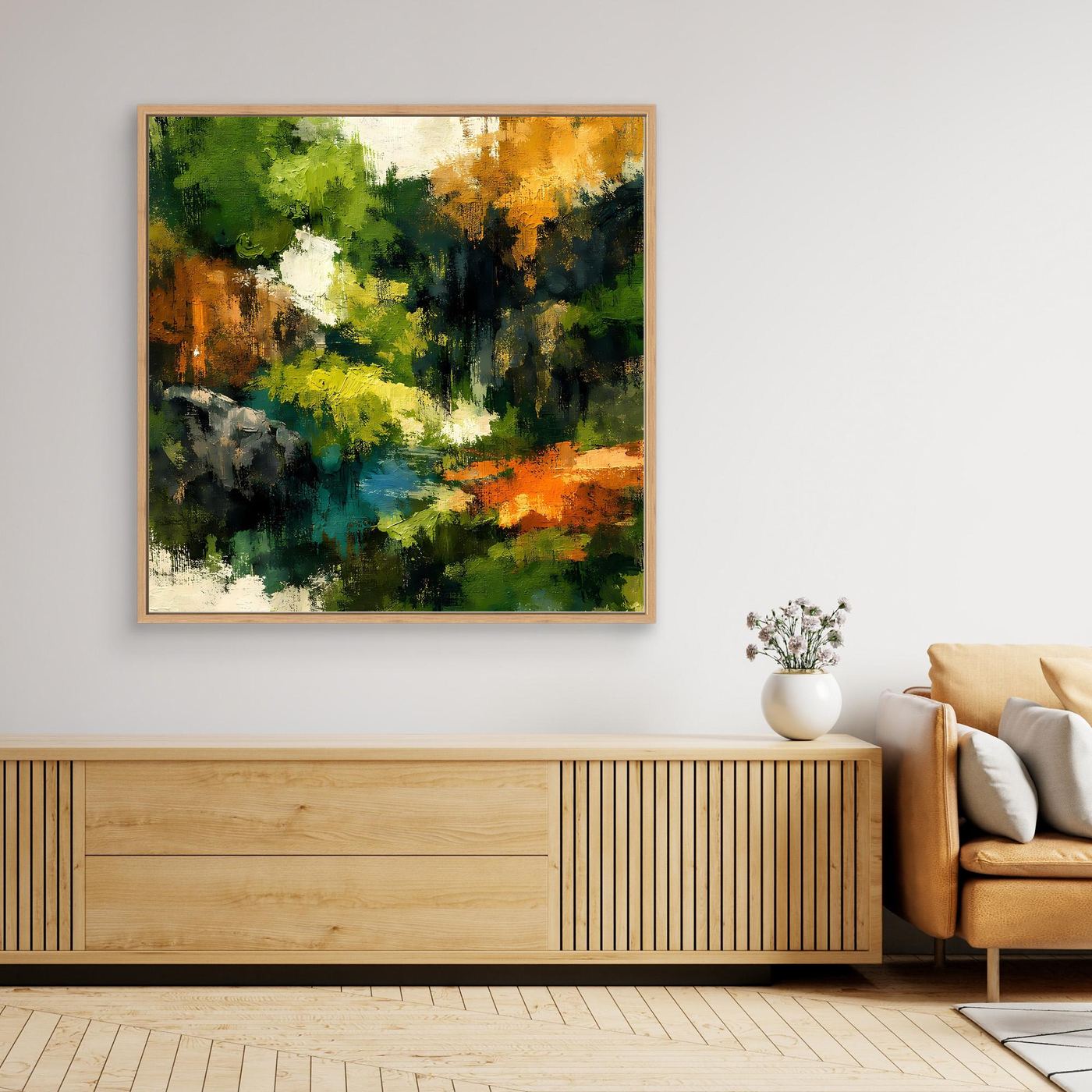 Wandbild mit abstrakter Waldlandschaft in Grün, Blau und Orange im Holzrahmen