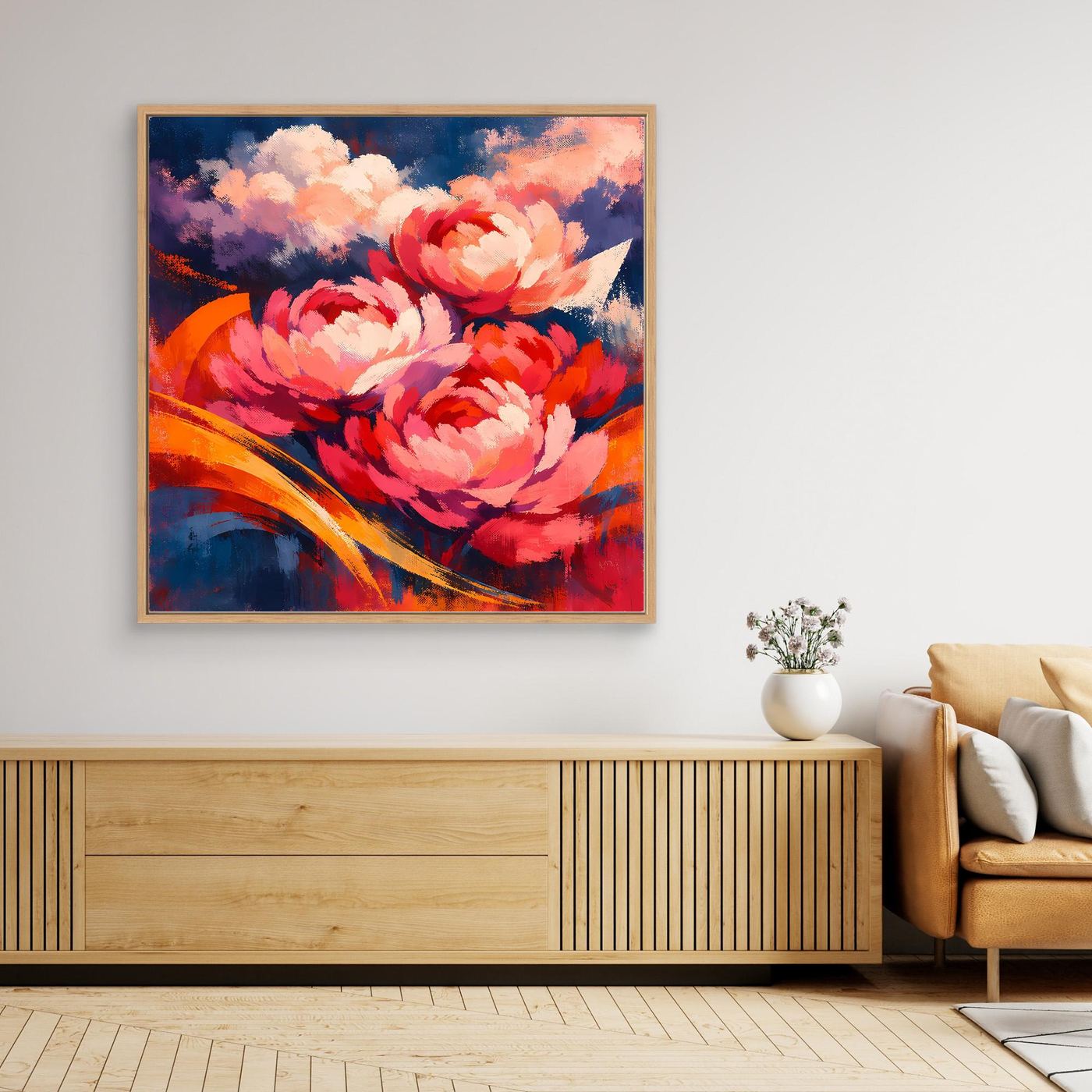 Gerahmtes Leinwandbild mit Pfingstrosen-Motiv, abstrakte Blüten in Rot und Blau