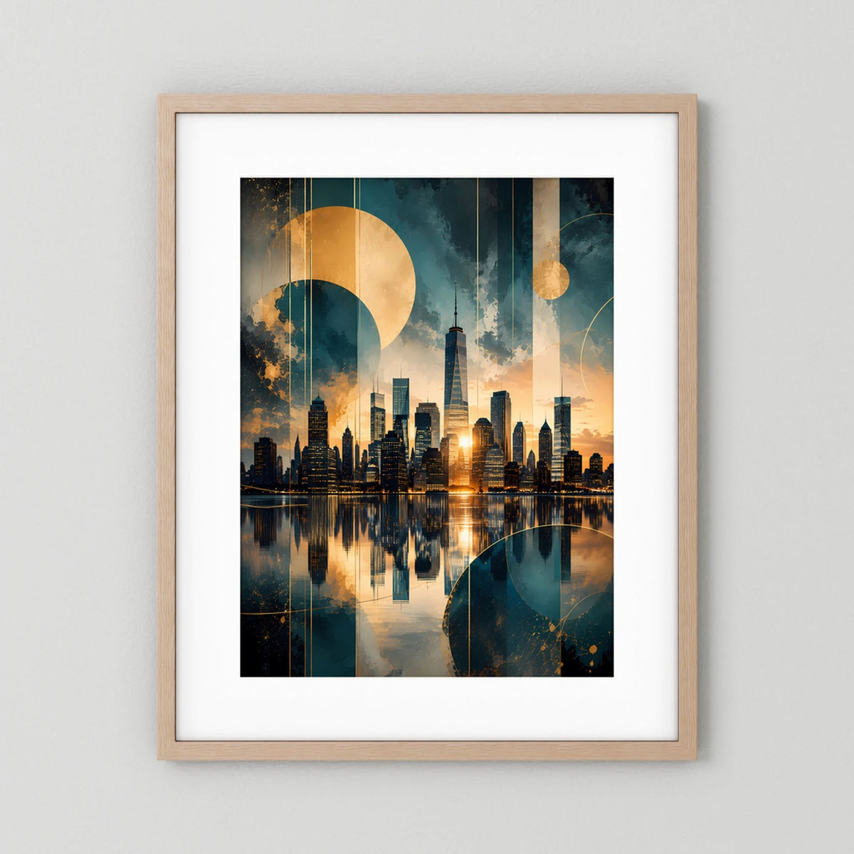 Poster im Hochformat mit abstrakter Skyline in Gold und Petrol, heller Holzrahmen
