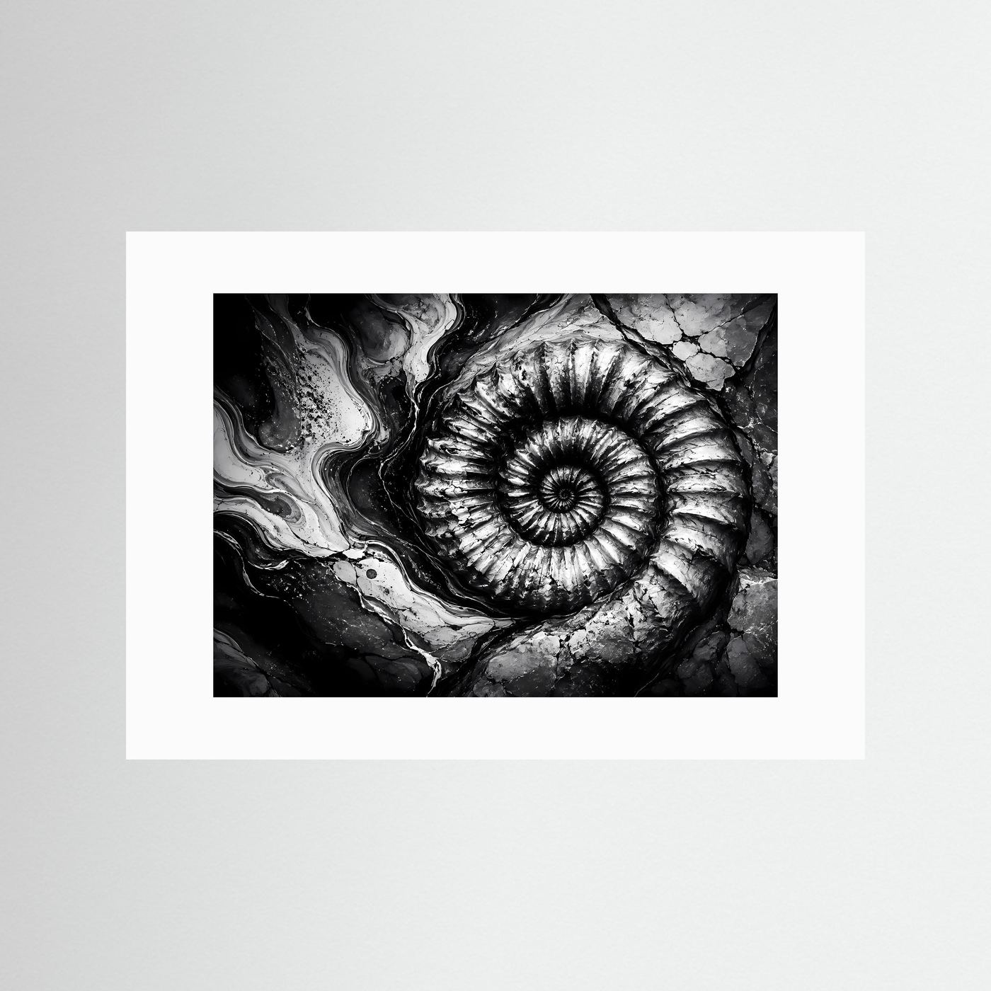 Ammonit Fossil Schwarz Weiß Poster | Geologische Wandkunst | Makro Fossilien Kunst | Monochrome Natur Fotokunst | Moderne Leinwand