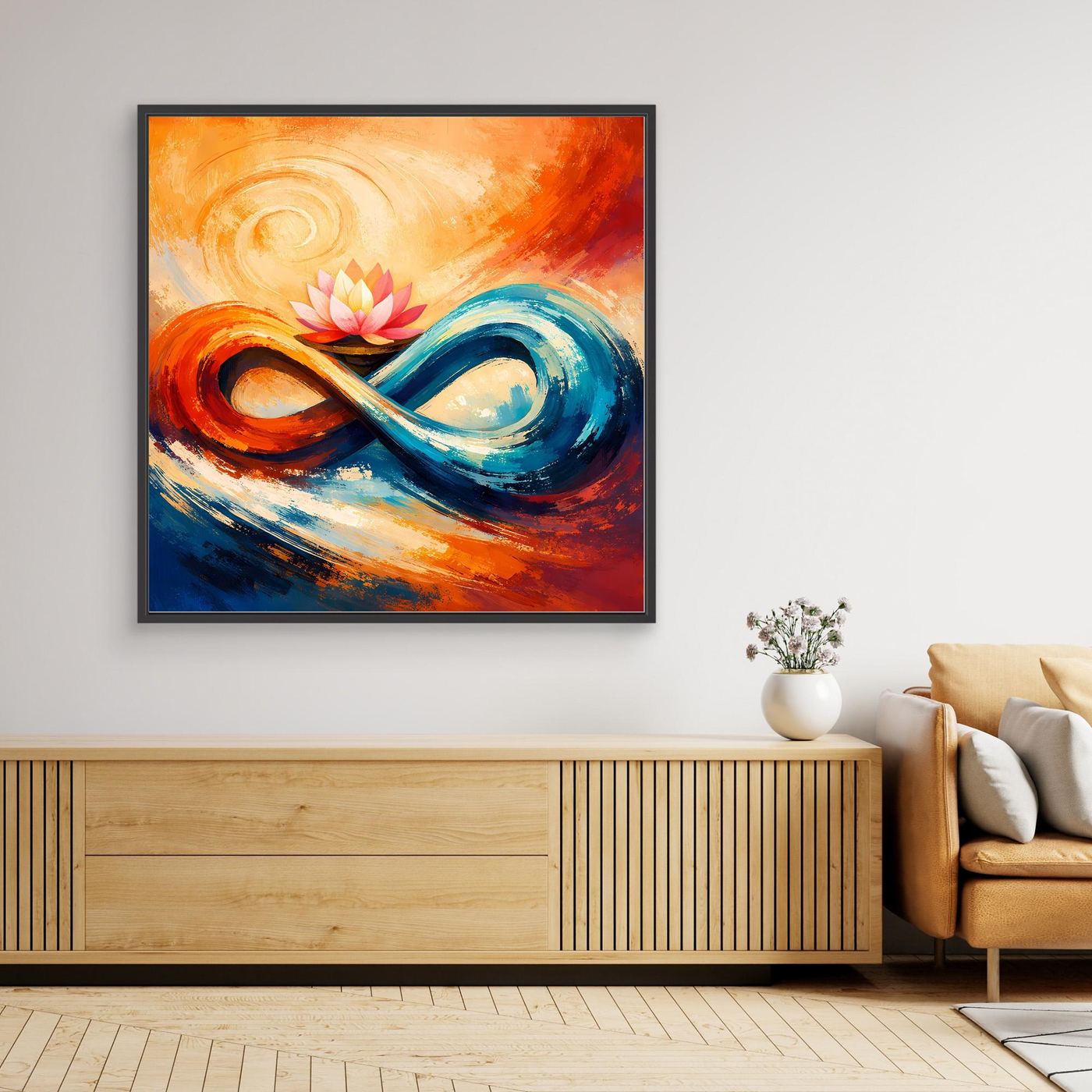 Quadratisches Leinwand-Wandbild mit schwarzem Rahmen: Unendlichkeit in Blau, rosa Lotus.