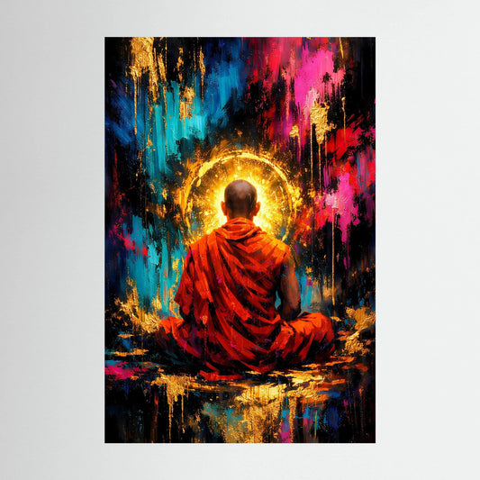Hochformatiges Buddha-Mönch Poster, Rückenansicht, goldene Aura, bunte Farbspritzer