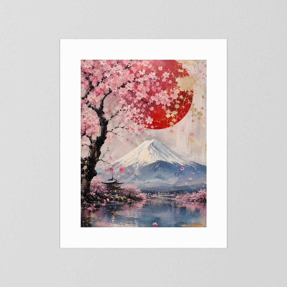 Hochformatiges Poster ohne Rahmen: Kirschblüten, Fuji und rote Sonne