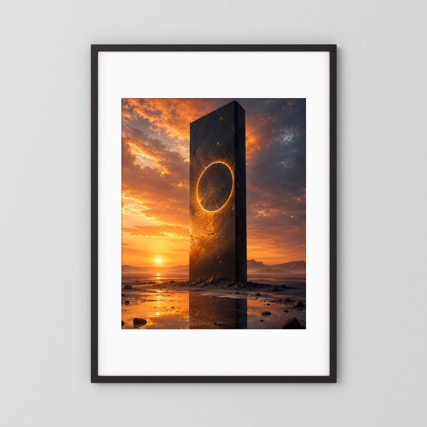 Hochformat-Poster im schwarzen Rahmen mit weißer Einfassung, Monolith und goldenes Portal.