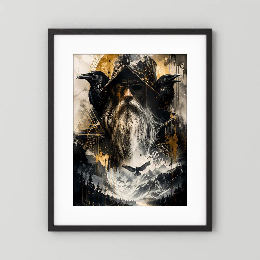 Fantasy-Poster mit dunklem Rahmen und weißem Rand: Runenmagier mit drei schwarzen Raben.
