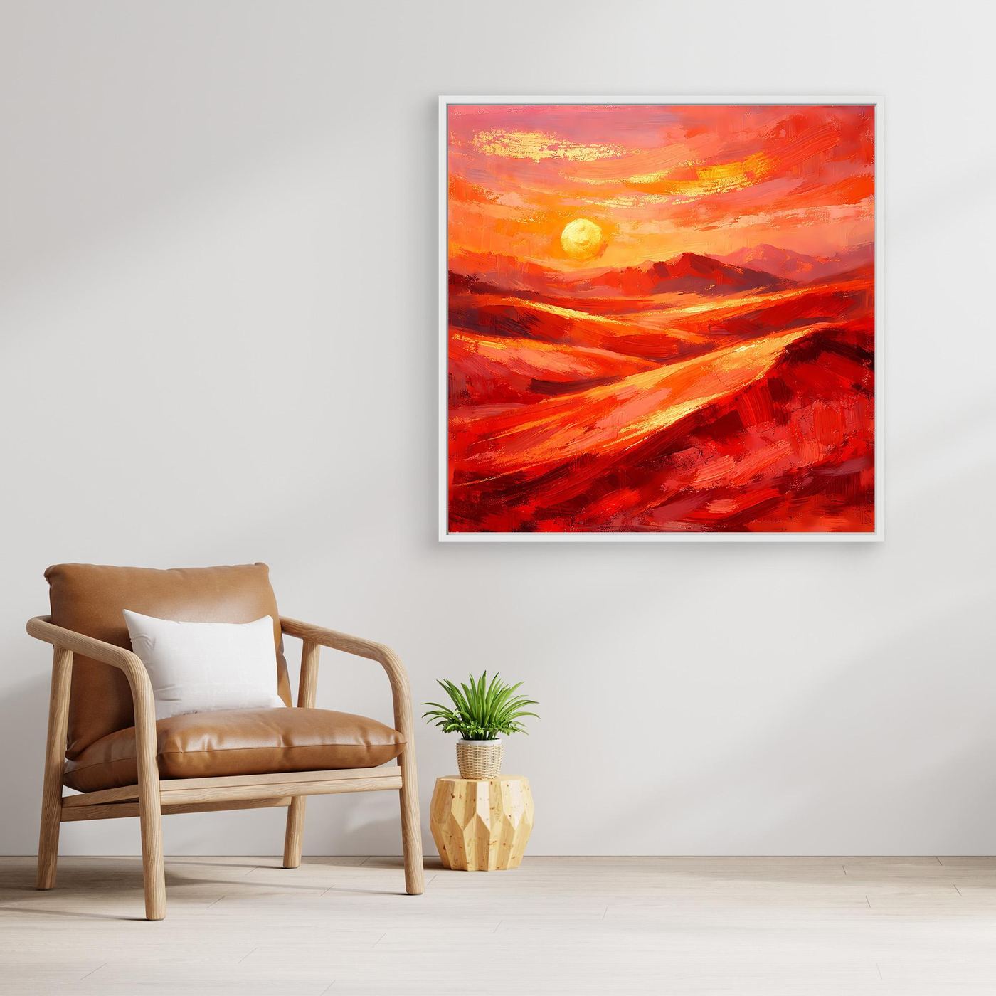 Abstraktes Leinwandbild: orange-roter Himmel mit Sonne, im Holzrahmen