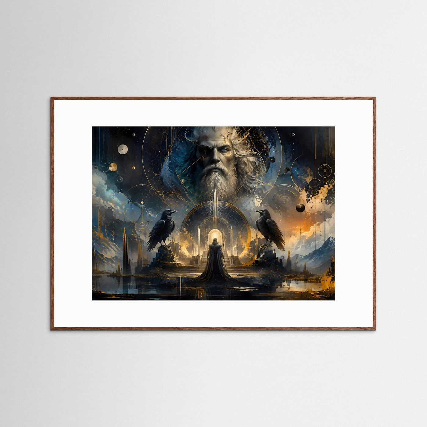 Odin mit Raben in Blau & Gold | Mystische nordische Götter Wandkunst
