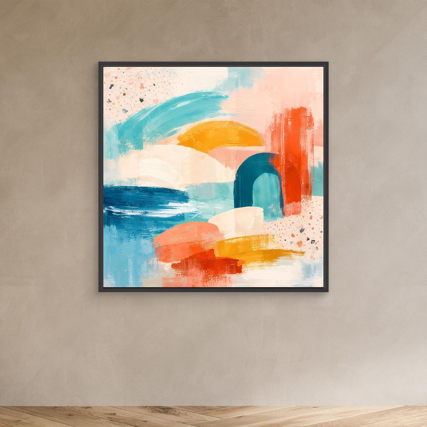 Black-framed abstract pastel canvas wall art with teal, peach, orange and blue blocks