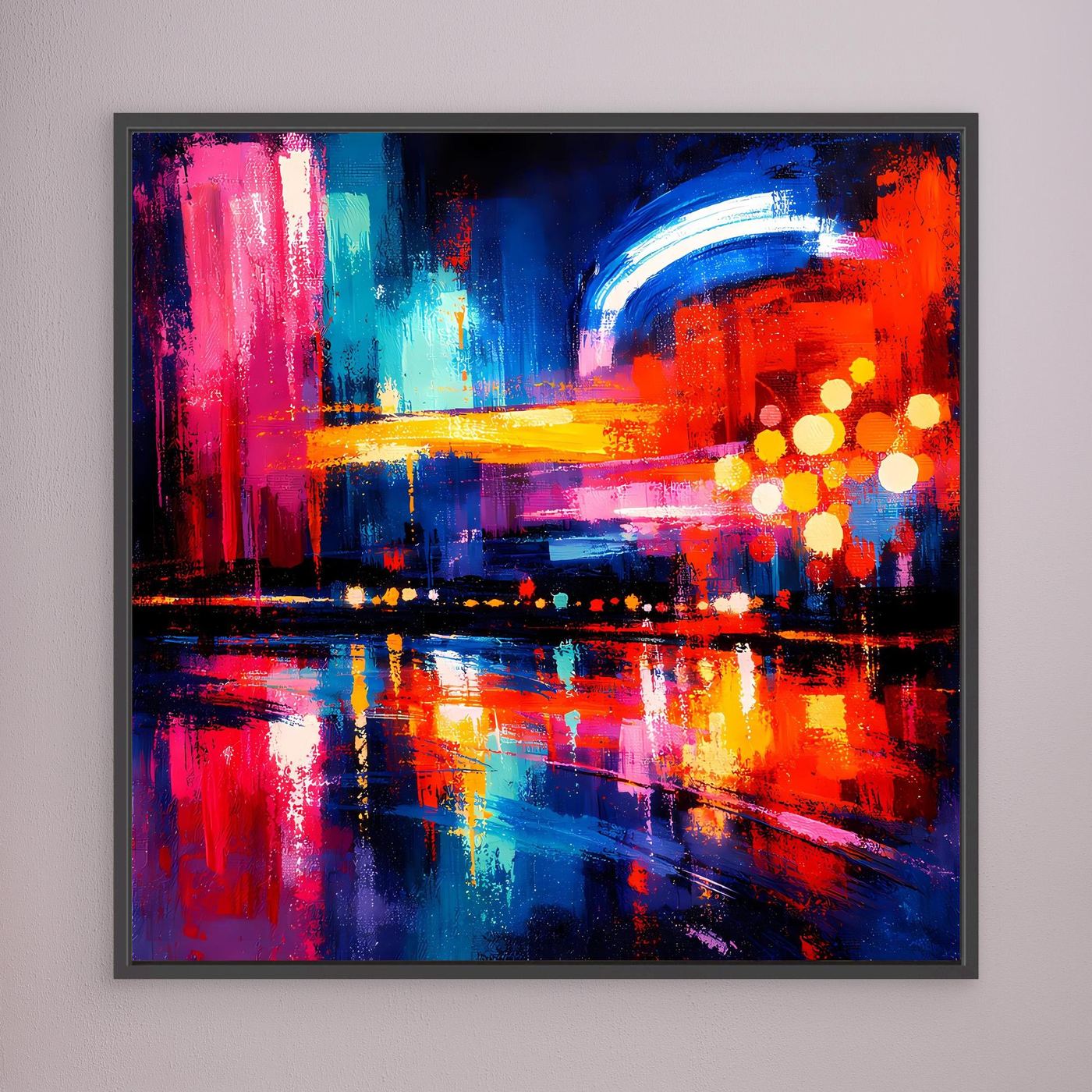Abstraktes Leinwandbild mit Stadt-Skyline, bunte Lichtpunkte, blau-roter Farbverlauf, dunkel gerahmt