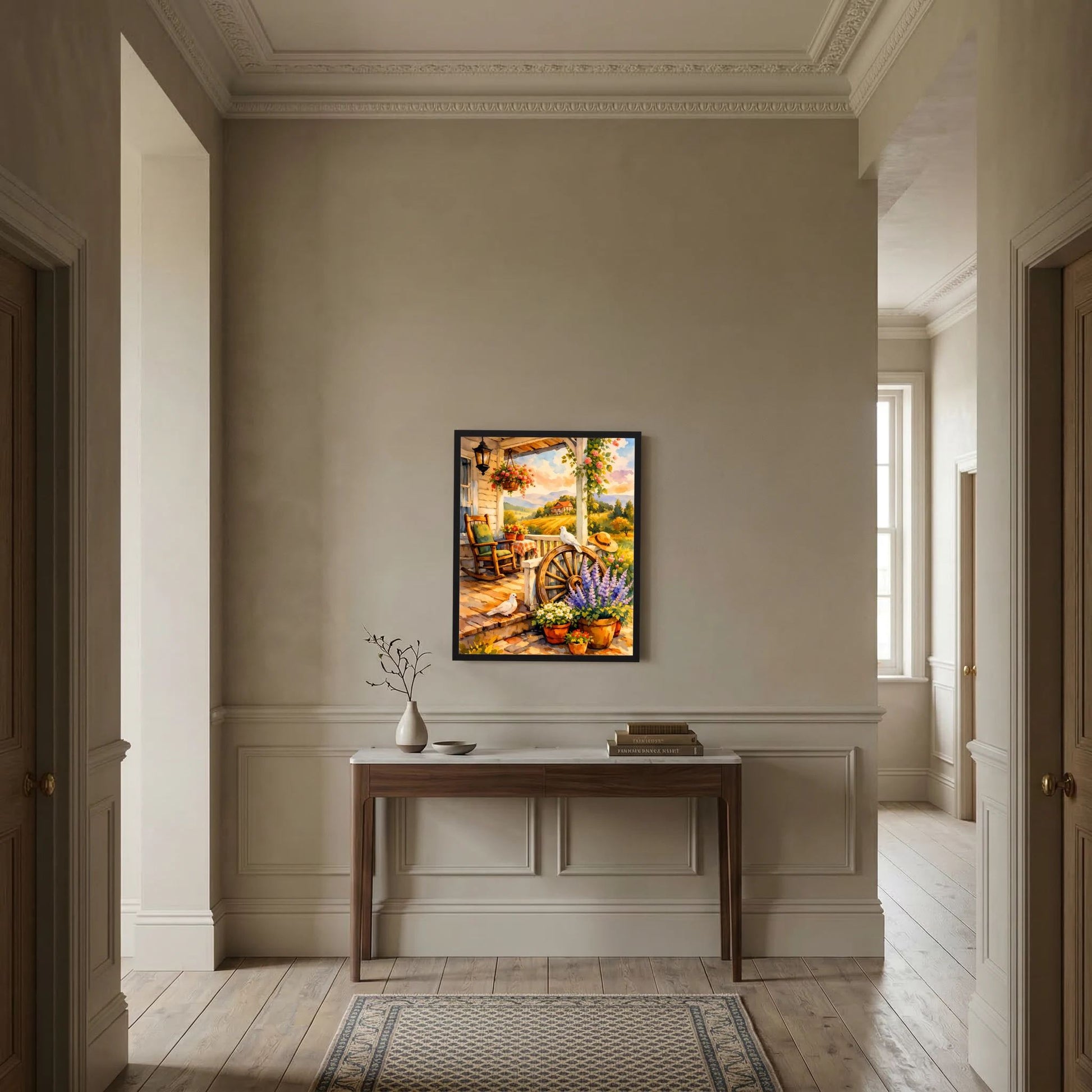 Gerahmtes Hochformat-Kunstposter an der Wand mit Veranda, Blumen und Tauben