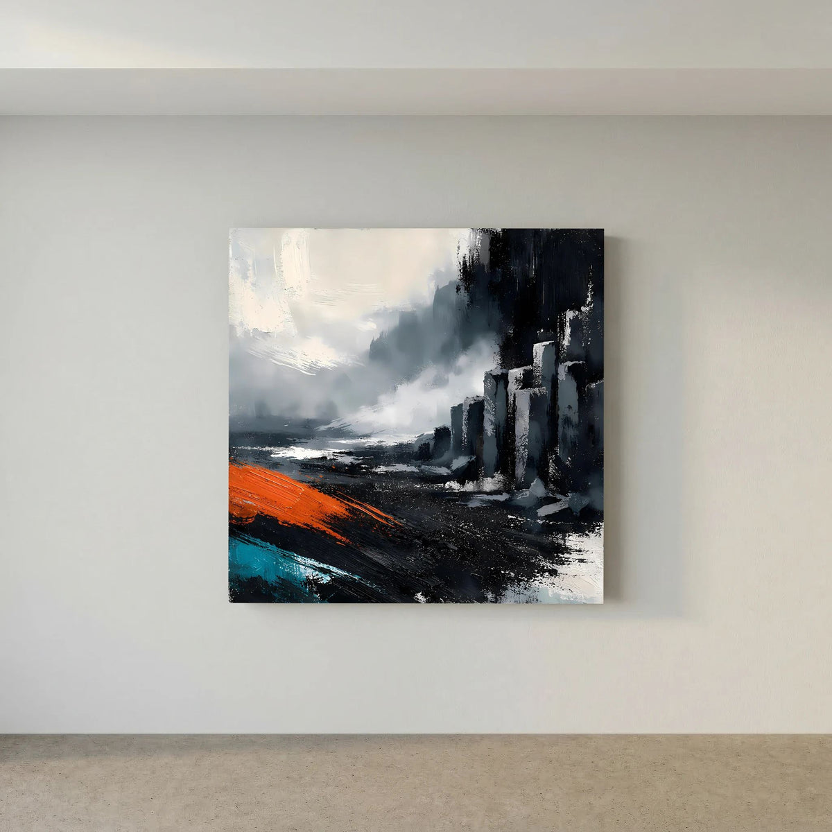 Leinwand Abstraktes Basaltsäulen Gemälde | Modernes Isländisches Vulkan Wandbild Schwarz Orange