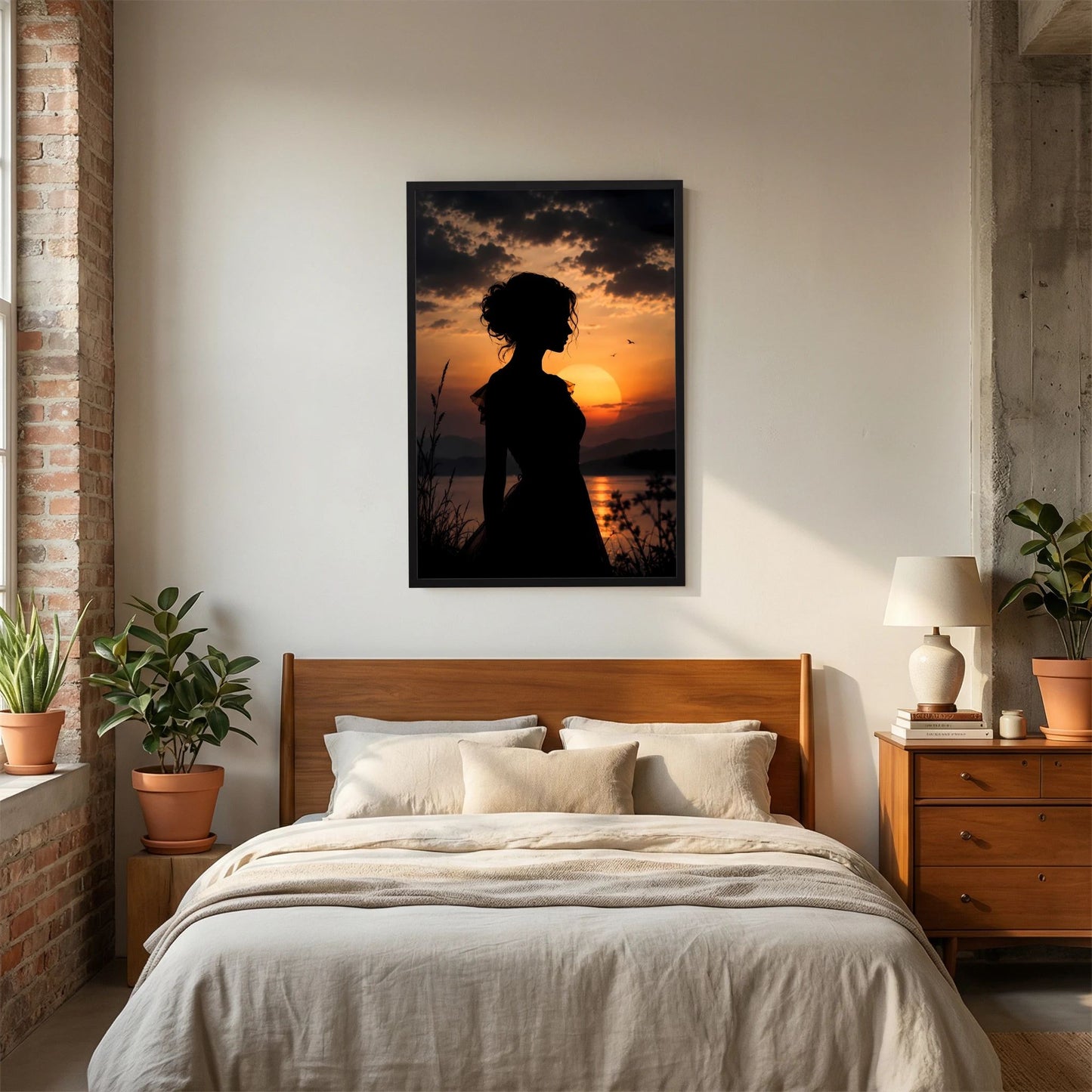Poster mit Silhouette einer Frau am Sonnenuntergang im schwarzen Rahmen