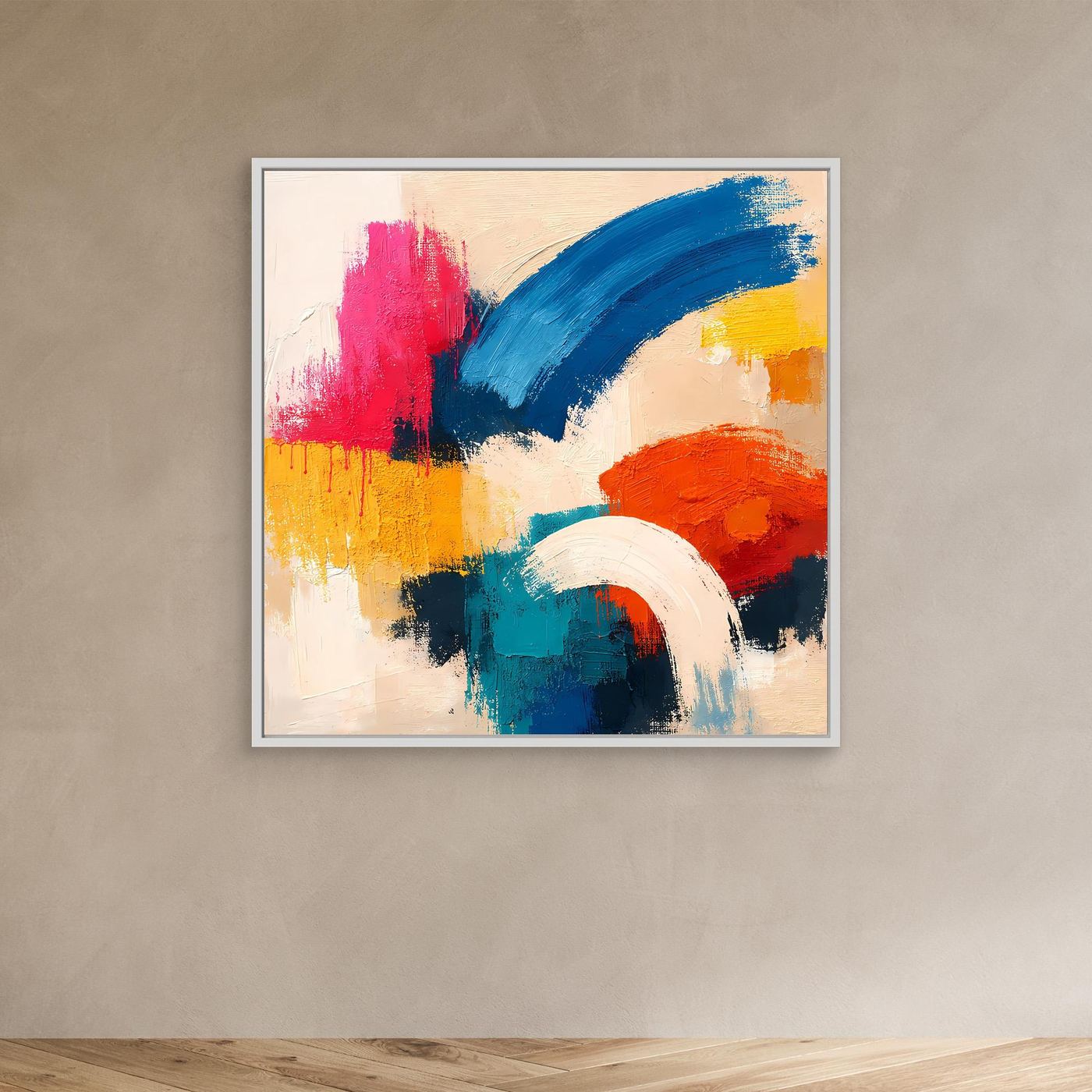 Abstract canvas painting with blue, pink, yellow, orange brush strokes, light frame