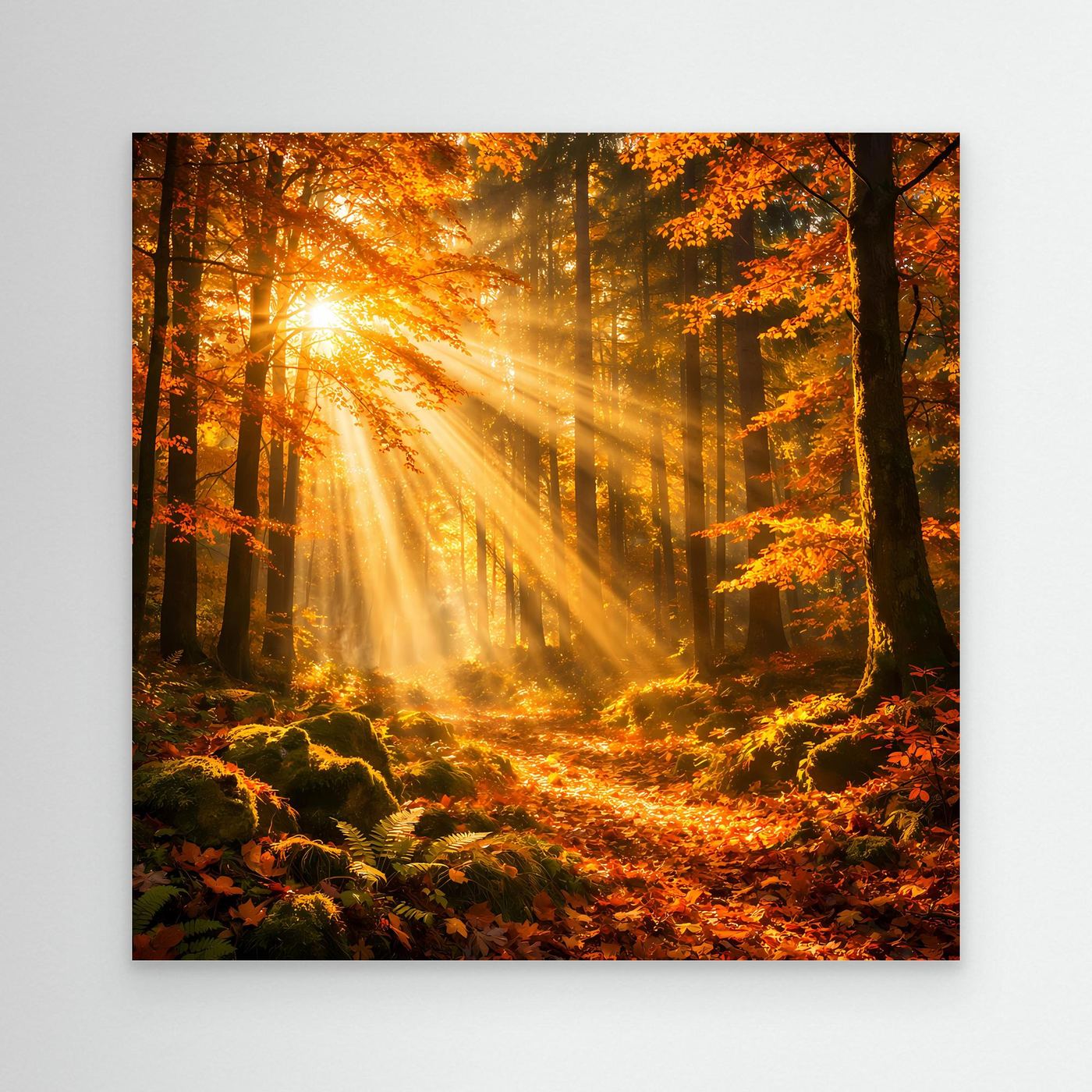 Leinwandbild Herbstwald-Motiv mit Sonnenstrahlen durch Bäume und orangefarbenem Laub