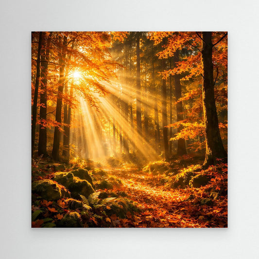 Leinwandbild Herbstwald-Motiv mit Sonnenstrahlen durch Bäume und orangefarbenem Laub