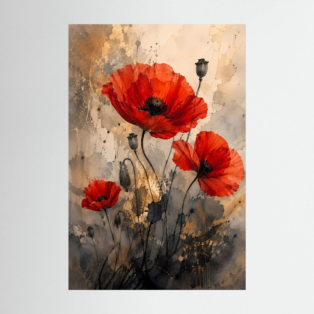 Abstraktes Mohnblumen-Poster mit roten Blüten auf beigem Hintergrund, hochformatig, ohne Rahmen