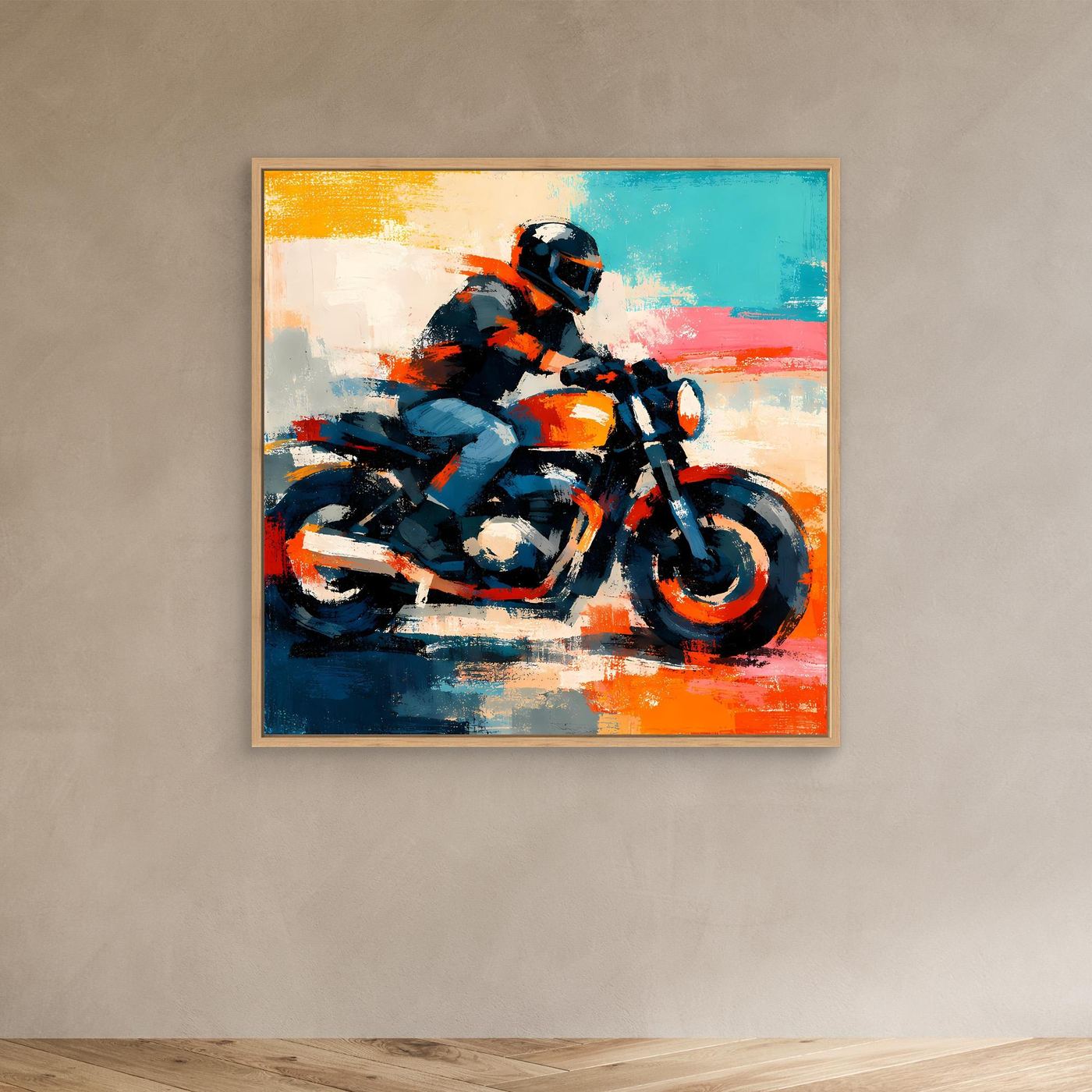 Abstract motorcycle wall art with rider, blue and orange paint strokes, in an oak wood frame