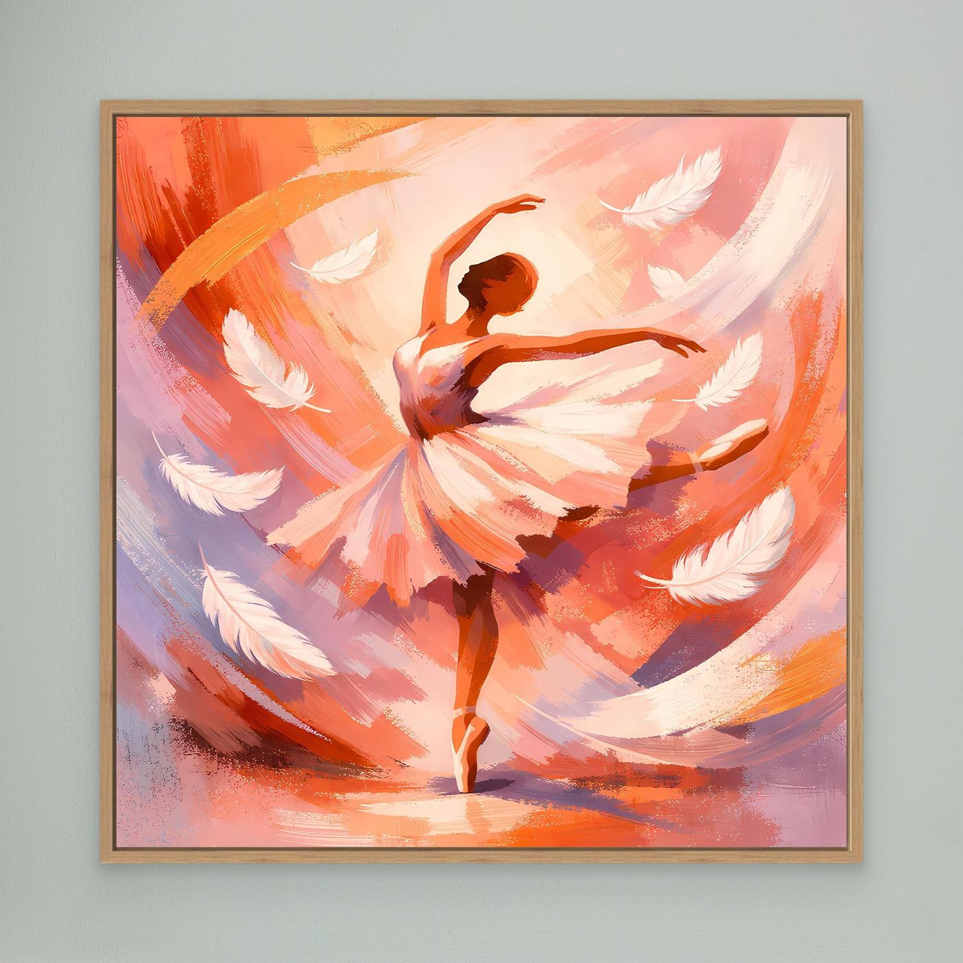 Abstraktes Leinwandbild mit Ballerina in warmen Orange- und Pinktönen, Holzrahmen