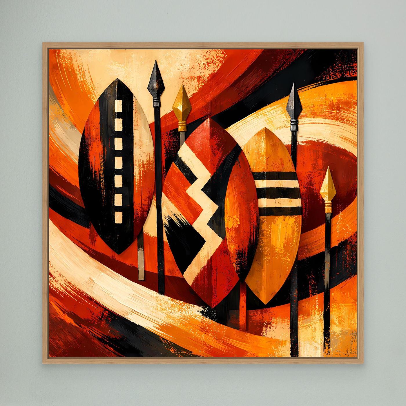 Leinwandbild afrikanische Schilde mit hellem Holzrahmen, warmes Rot-Orange, schwarze Silhouetten