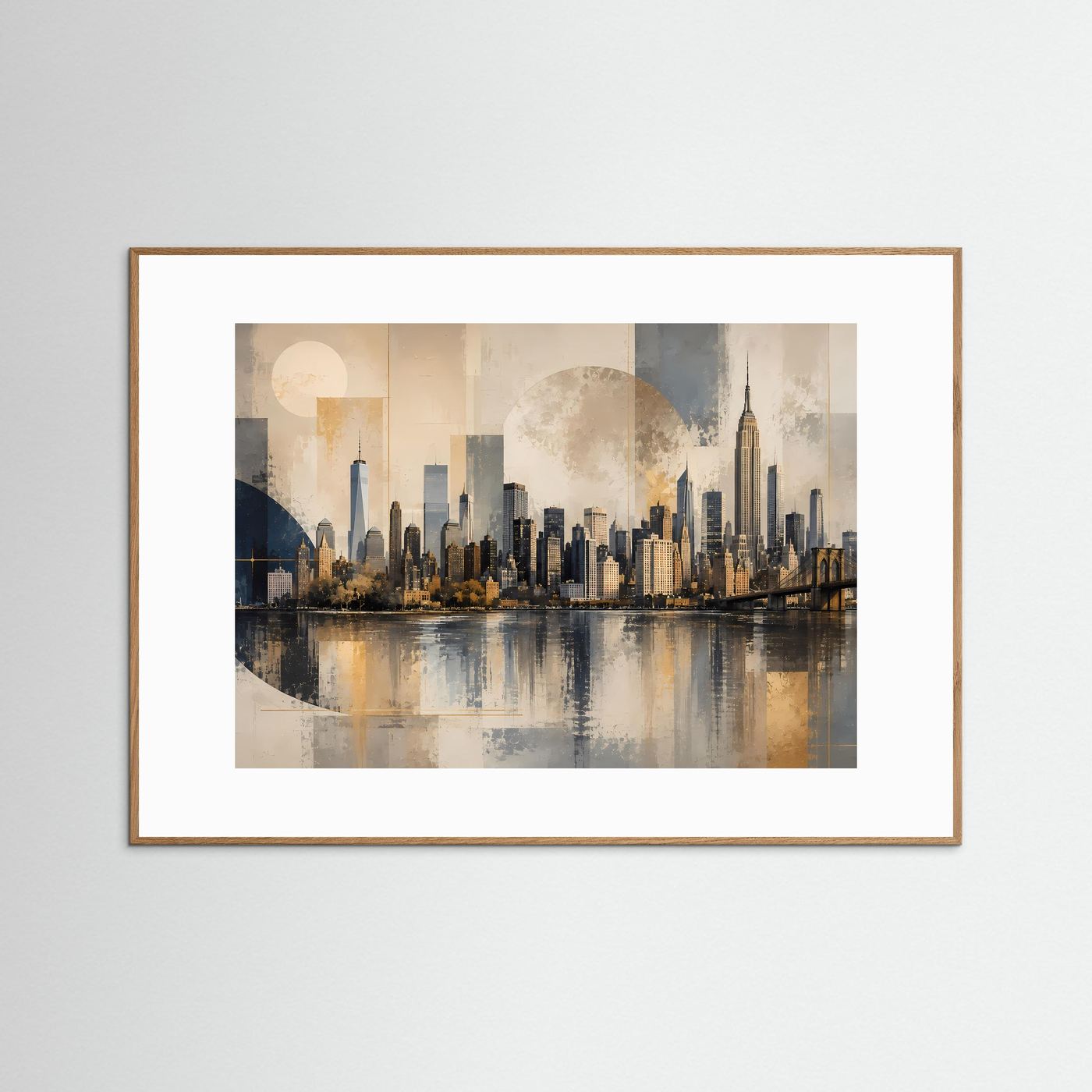 Moderne Skyline von New York in Beige & Gold | Architektur & Stadt-Wandbild