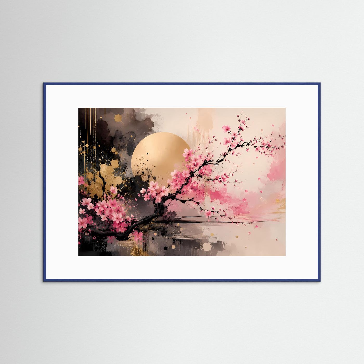 Kirschblüten Poster | Japanische Sakura Wandkunst | Moderne Abstrakte Zen Kunst mit Gold | Elegantes Wandbild