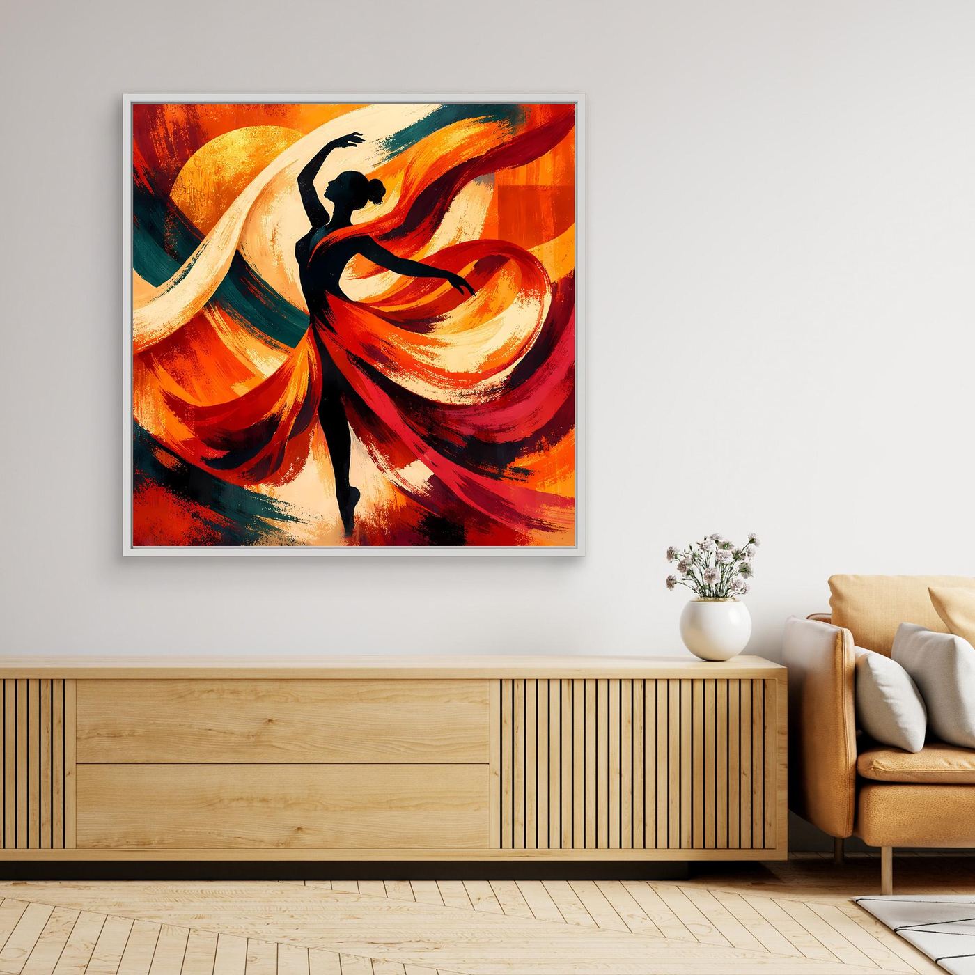 Gerahmtes Leinwandbild mit abstrakter Tänzerin in Orange, Rot und Blau