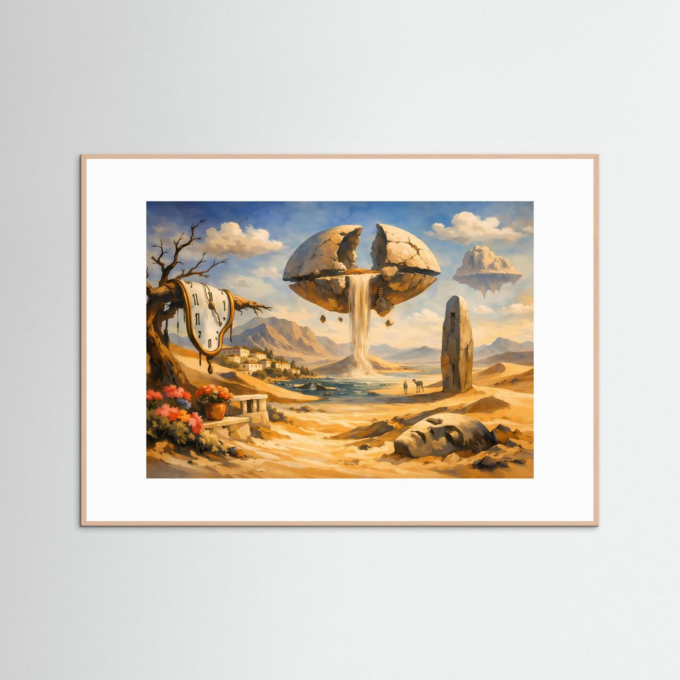 Surreale Traumlandschaft mit schmelzender Uhr & Wasserfall | Surrealismus Panorama Poster Querformat