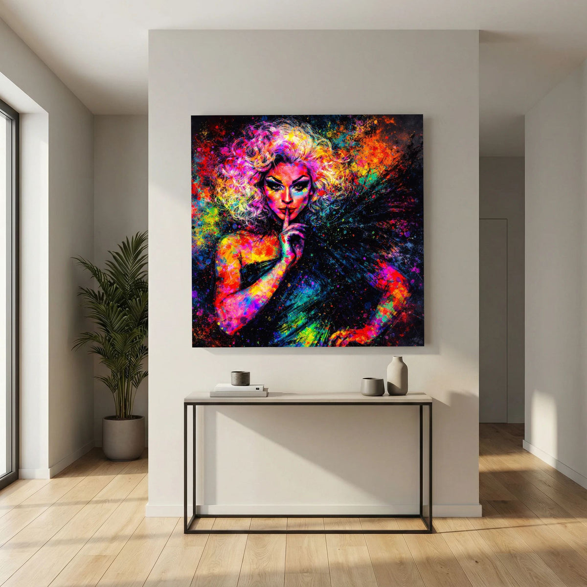 Leinwandbild mit Pop-Art-Porträt einer Drag Queen, leuchtende Farbsprenkel und Aura