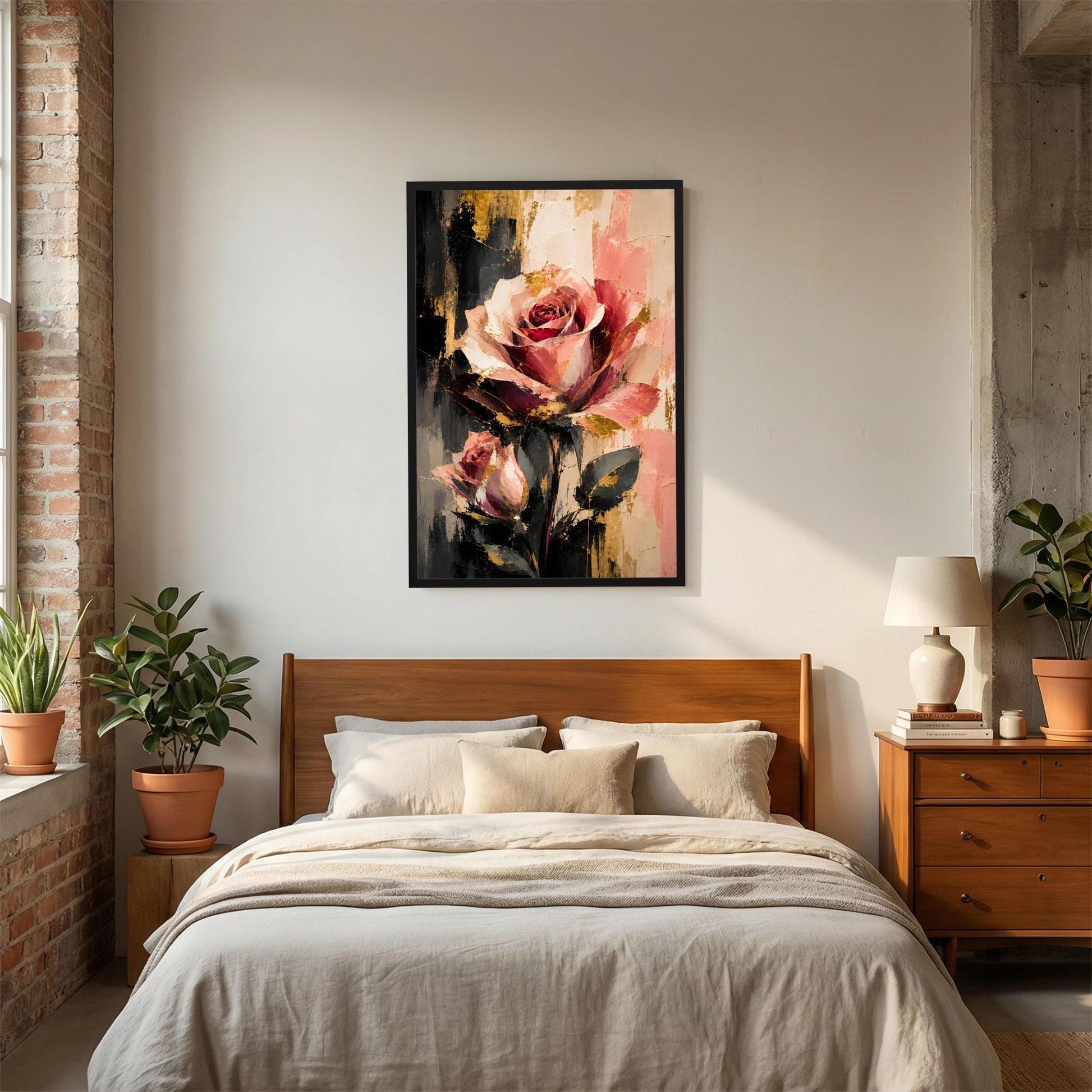 Blumenposter mit abstrakter Rose in Rosé und Gold, schwarz gerahmt, im Schlafzimmer.