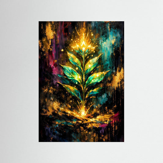 Kunstposter im Hochformat mit abstraktem Pflanzenmotiv und Goldlicht, ohne Rahmen