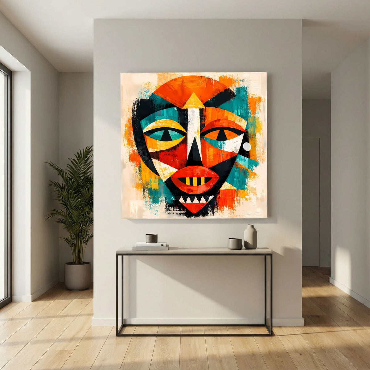 Leinwandbild abstrakte afrikanische Maske, farbige Flächen und breite Konturen in Rot