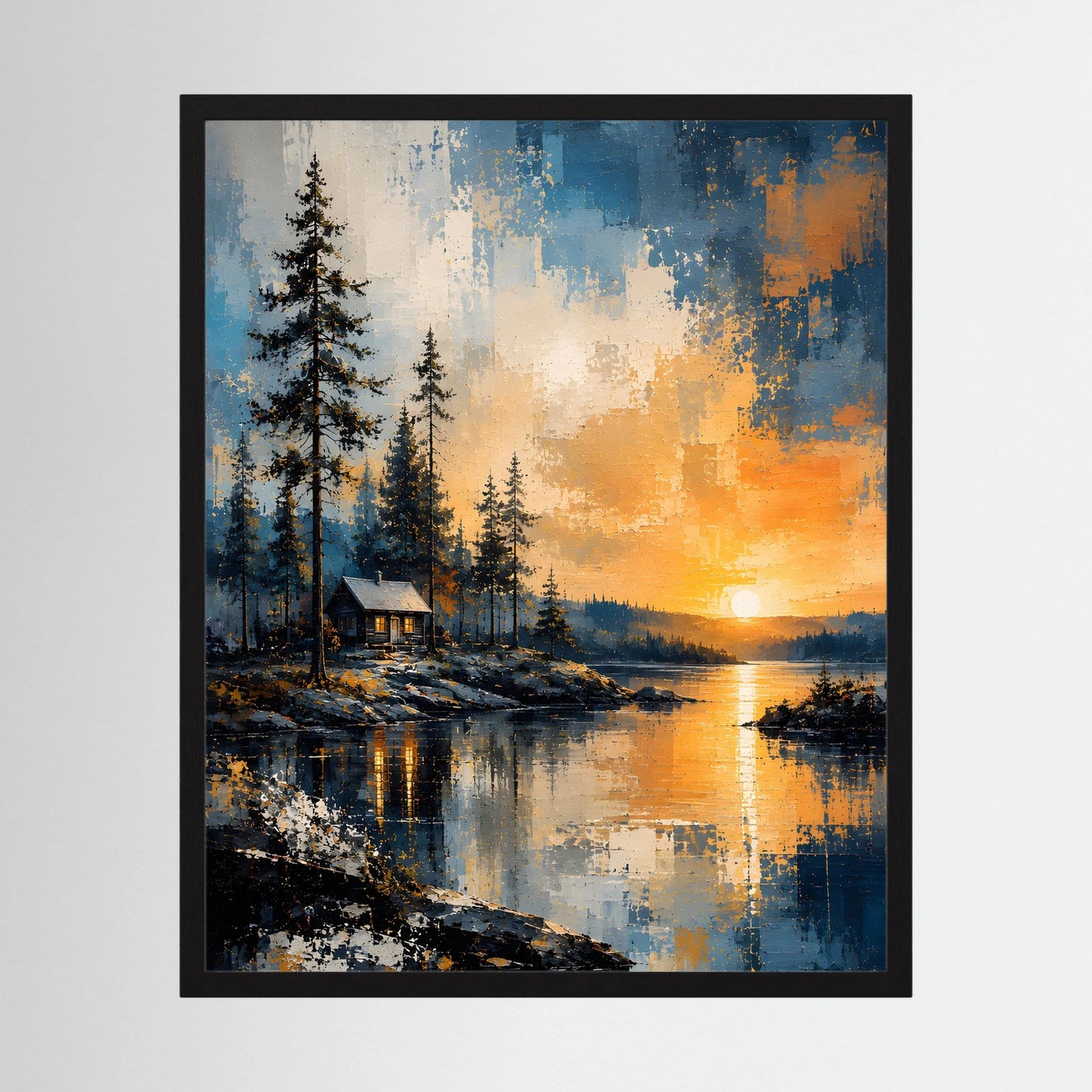 Wandbild mit schwarzem Rahmen: Wald, Hütte am See, spiegelnder Sonnenuntergang