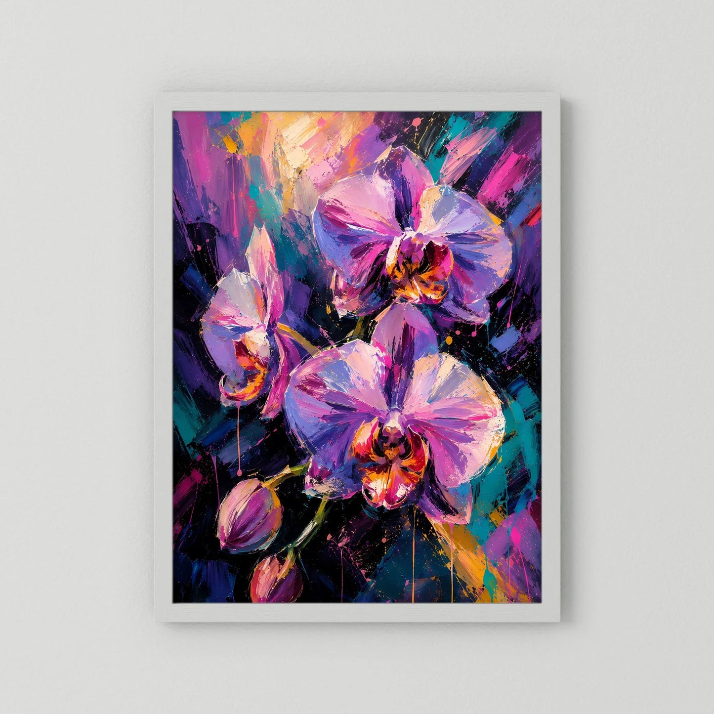 Hochformatiges Poster mit abstrakten Orchideen in Pink und Violett, weißes Passepartout