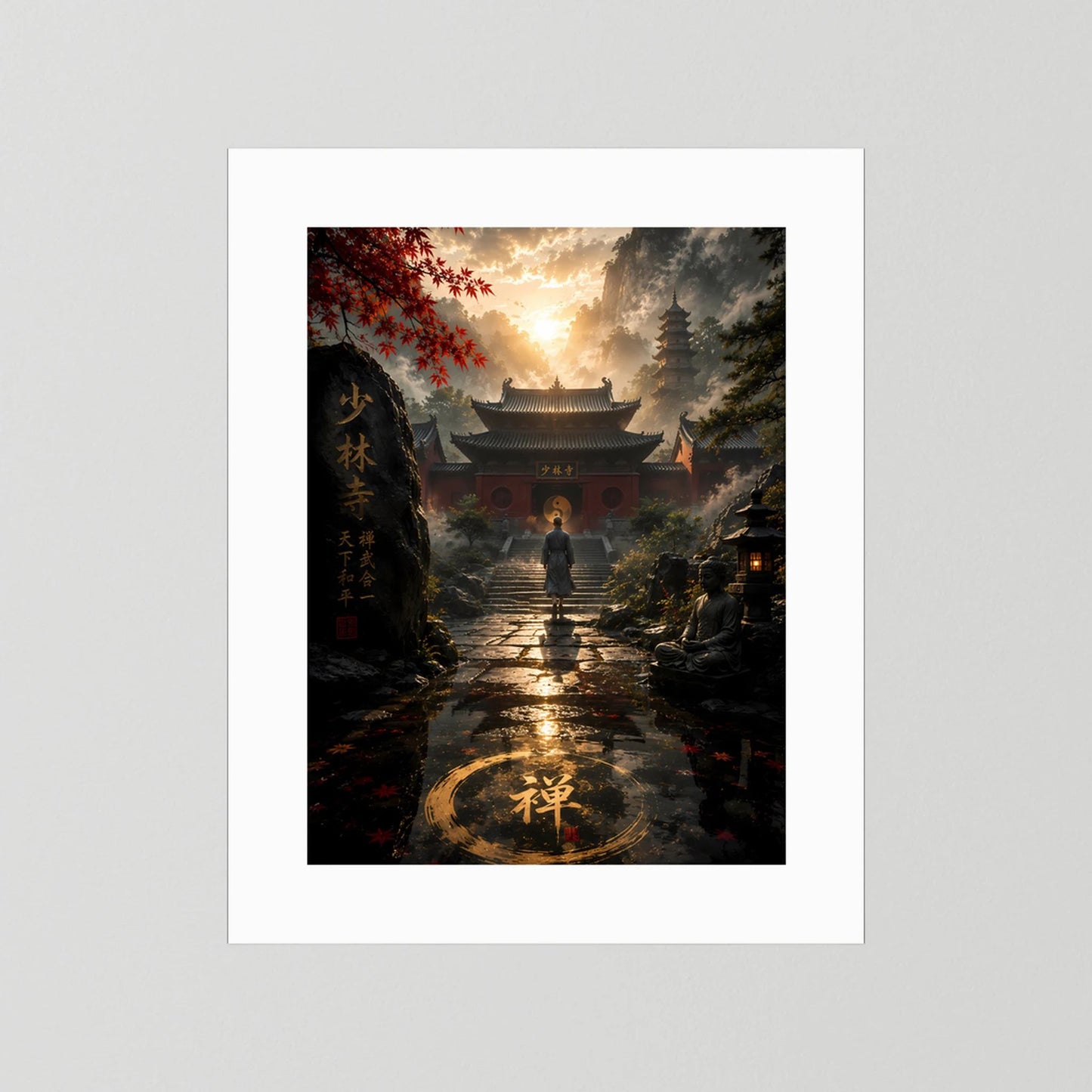 Vertikales Tempel-Poster mit weißem Rand: Mönch vor Buddha, goldener Kreis mit Schriftzeichen