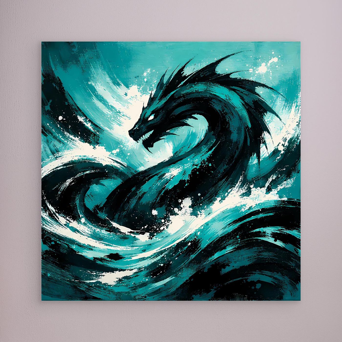 Wandbild mit Seeungeheuer in türkisblauer Welle, ohne Rahmen
